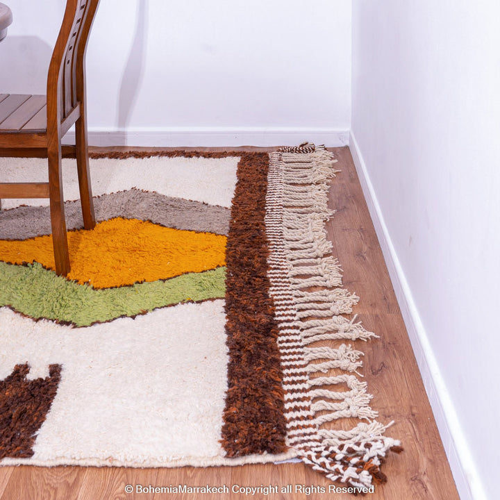 Colorful Moroccan Beni Ourain shag rug with diamond motifs, handmade from wool