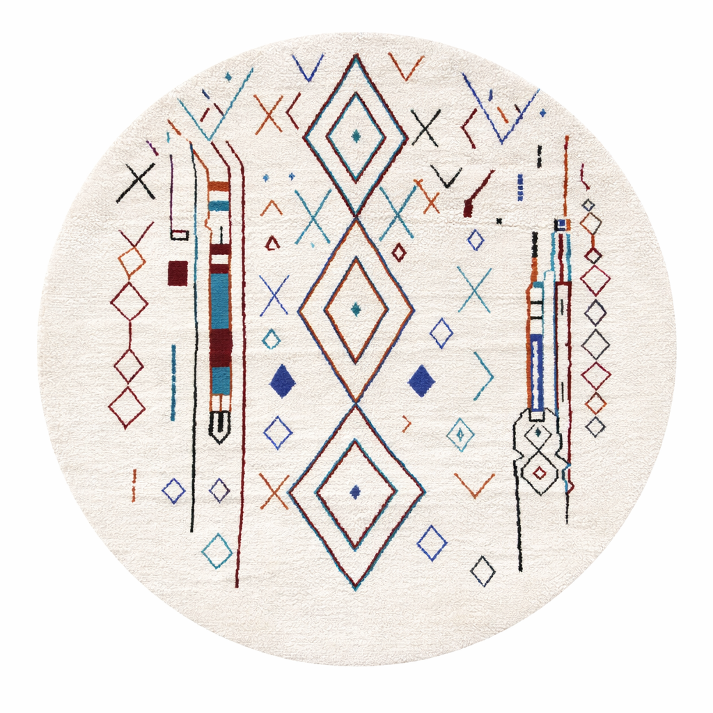 Handmade Moroccan Berber round rug with colorful geometric diamond patterns on an white wool background