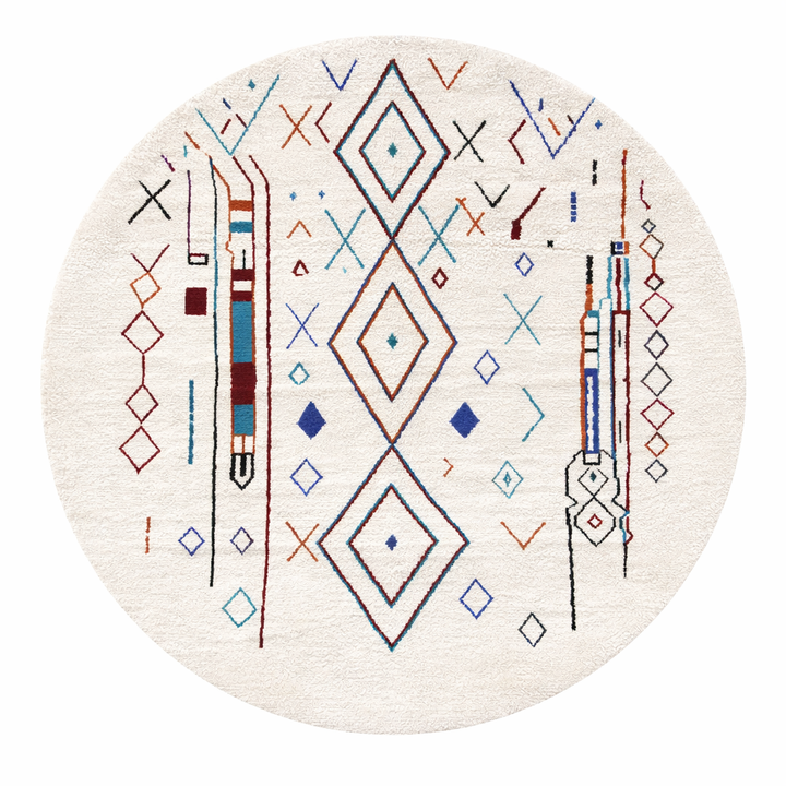 Handmade Moroccan Berber round rug with colorful geometric diamond patterns on an white wool background