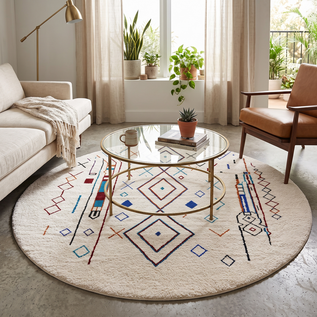 Handmade Moroccan Berber round rug with colorful geometric diamond patterns on an white wool background