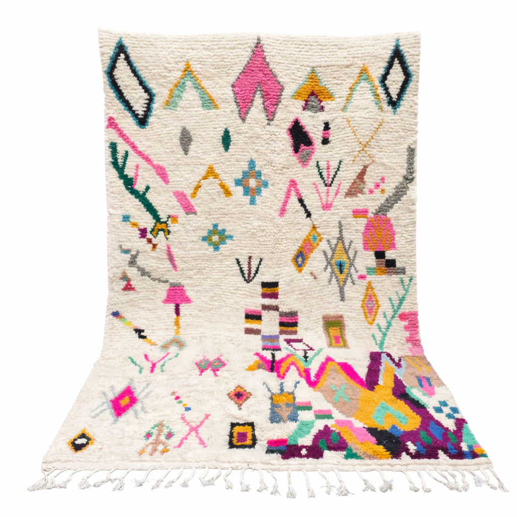 Natural white Moroccan Berber wool rug with colorful symbolic patterns
