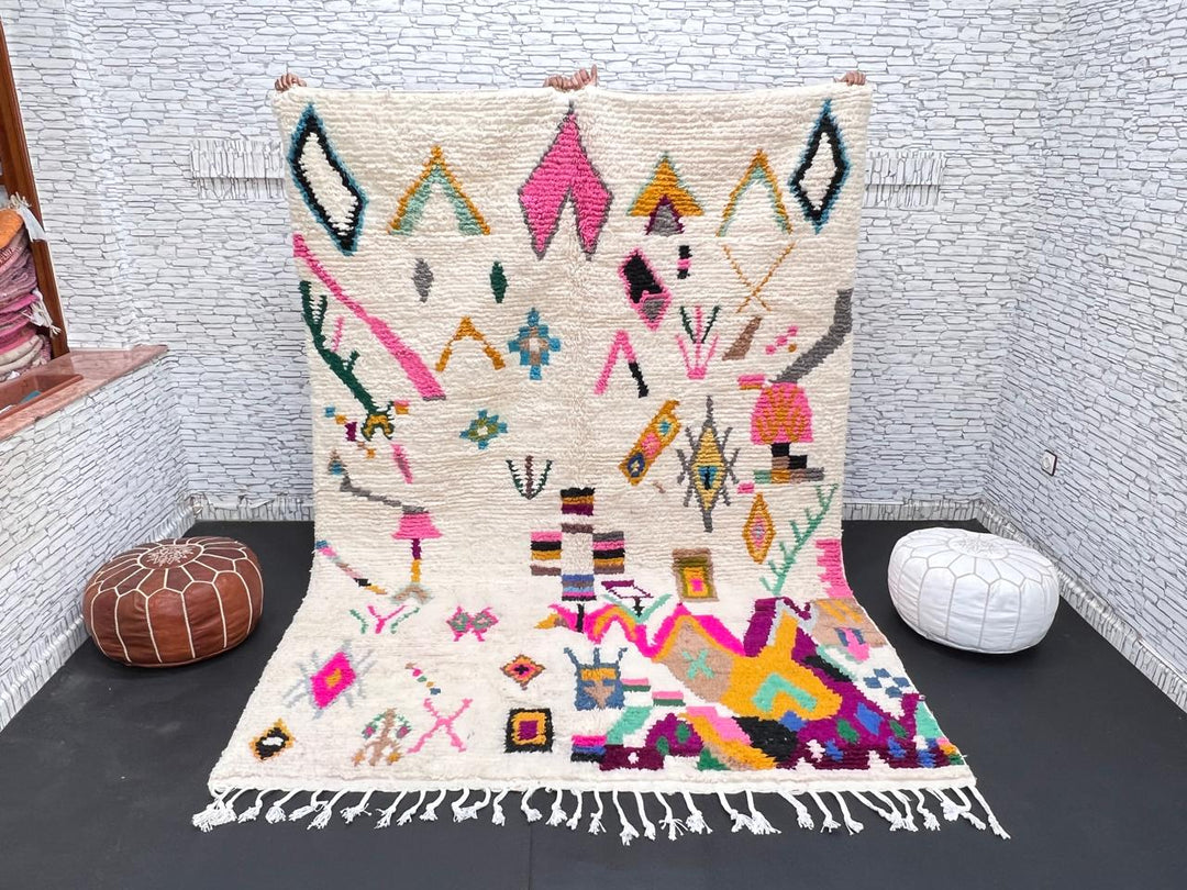 Natural white Moroccan Berber wool rug with colorful symbolic patterns