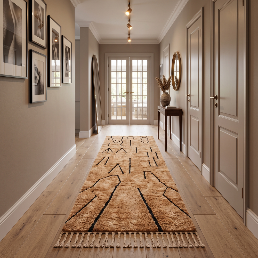 Handmade Moroccan Berber wool runner rug in camel brown with black geometric tribal patterns and white tassel fringe.