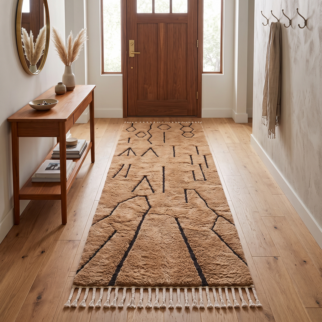 Handmade Moroccan Berber wool runner rug in camel brown with black geometric tribal patterns and white tassel fringe.