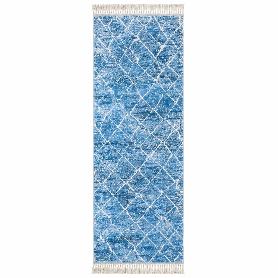 Blue Moroccan runner rug with white geometric Berber pattern handmade wool design