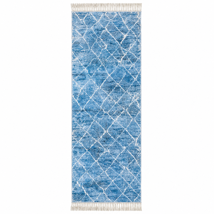 Blue Moroccan runner rug with white geometric Berber pattern handmade wool design
