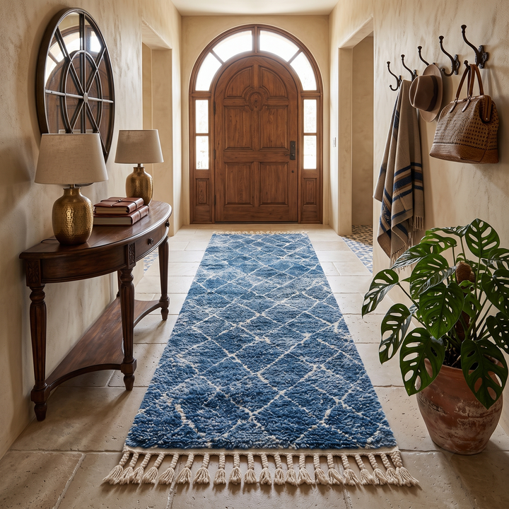 Blue Moroccan runner rug with white geometric Berber pattern handmade wool design