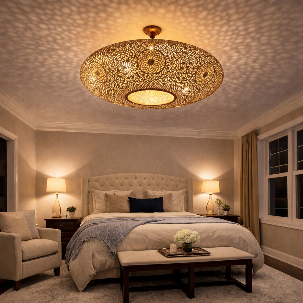 Moroccan Brass Ceiling Light – Handmade Pierced Flush Mount Pendant Lamp