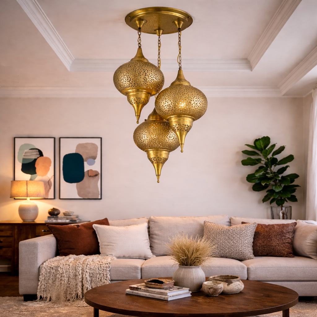 Moroccan Brass Pendant Light – Handmade Triple Hanging Ceiling Lamp