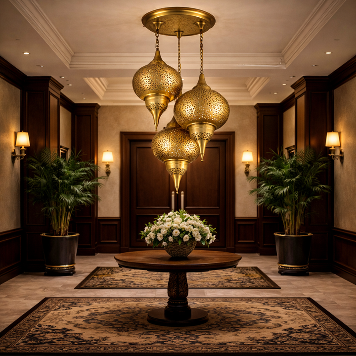 Moroccan Brass Pendant Light – Handmade Triple Hanging Ceiling Lamp