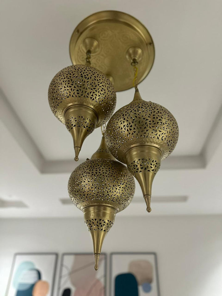Moroccan Brass Pendant Light – Handmade Triple Hanging Ceiling Lamp