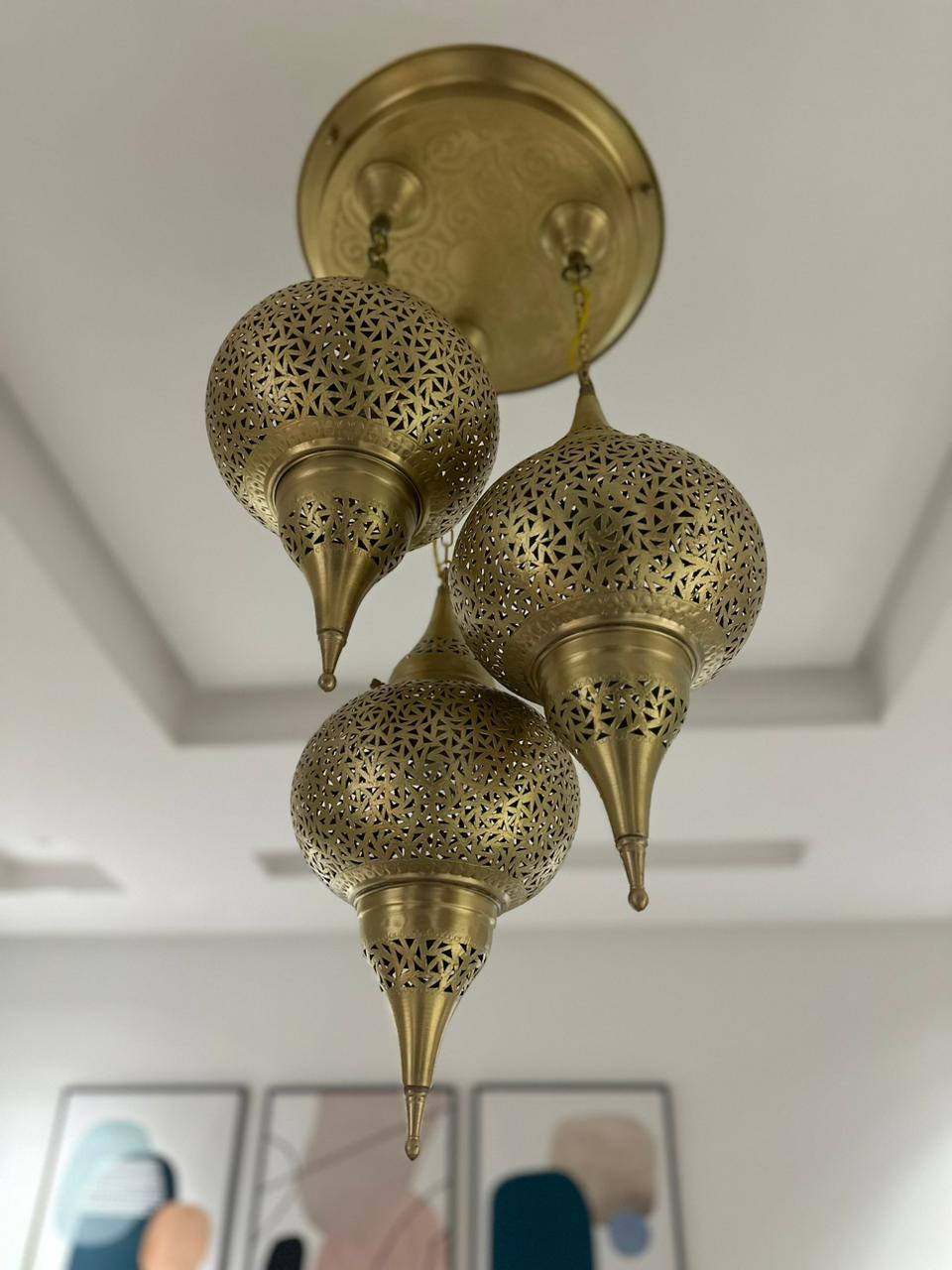 Moroccan Brass Pendant Light – Handmade Triple Hanging Ceiling Lamp