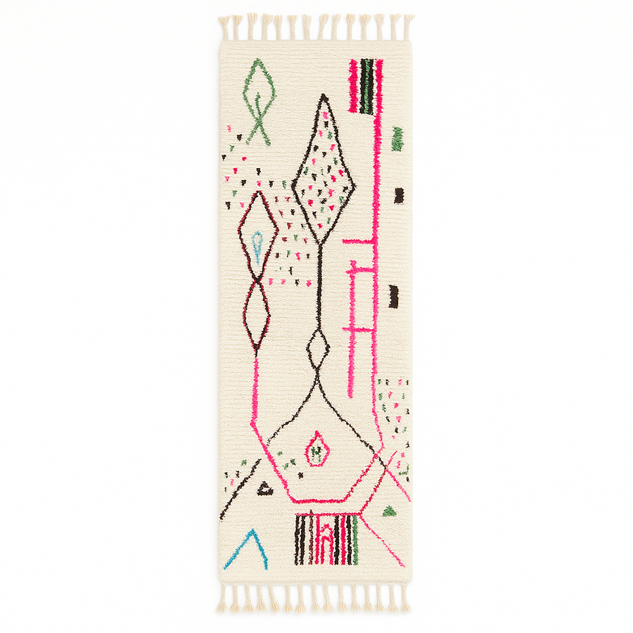 Handwoven colorful Moroccan wool runner rug with pink, green, and blue geometric Berber patterns