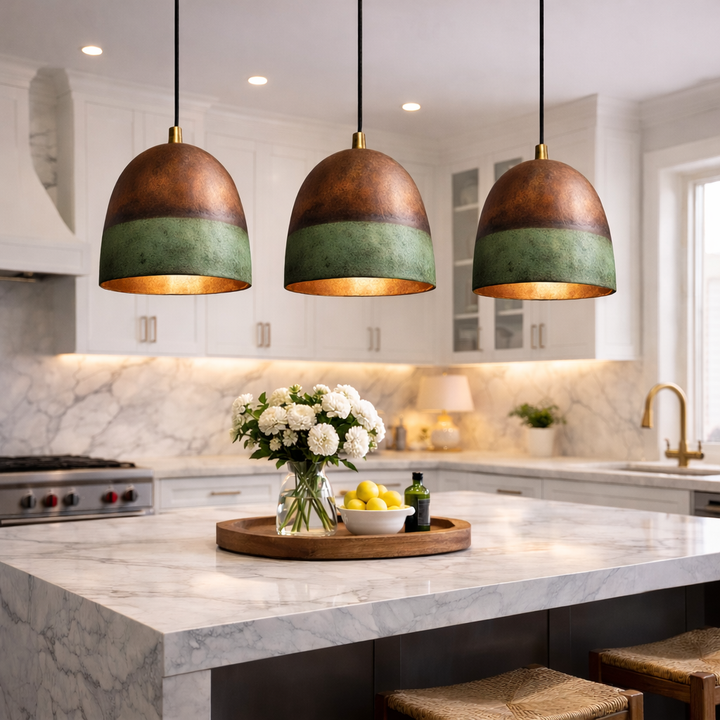 Moroccan Copper &amp; Green Patina Pendant Light – Handmade Kitchen Island Hanging Lamp