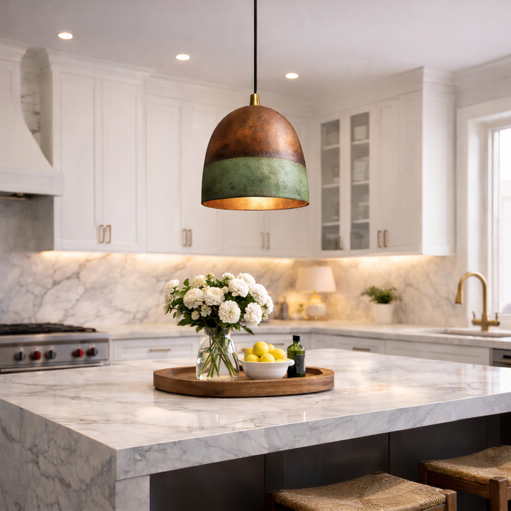 Moroccan Copper &amp; Green Patina Pendant Light – Handmade Kitchen Island Hanging Lamp