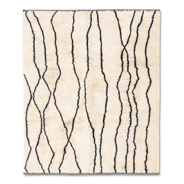 Moroccan Cream Wool Rug with Wavy Black Line Pattern