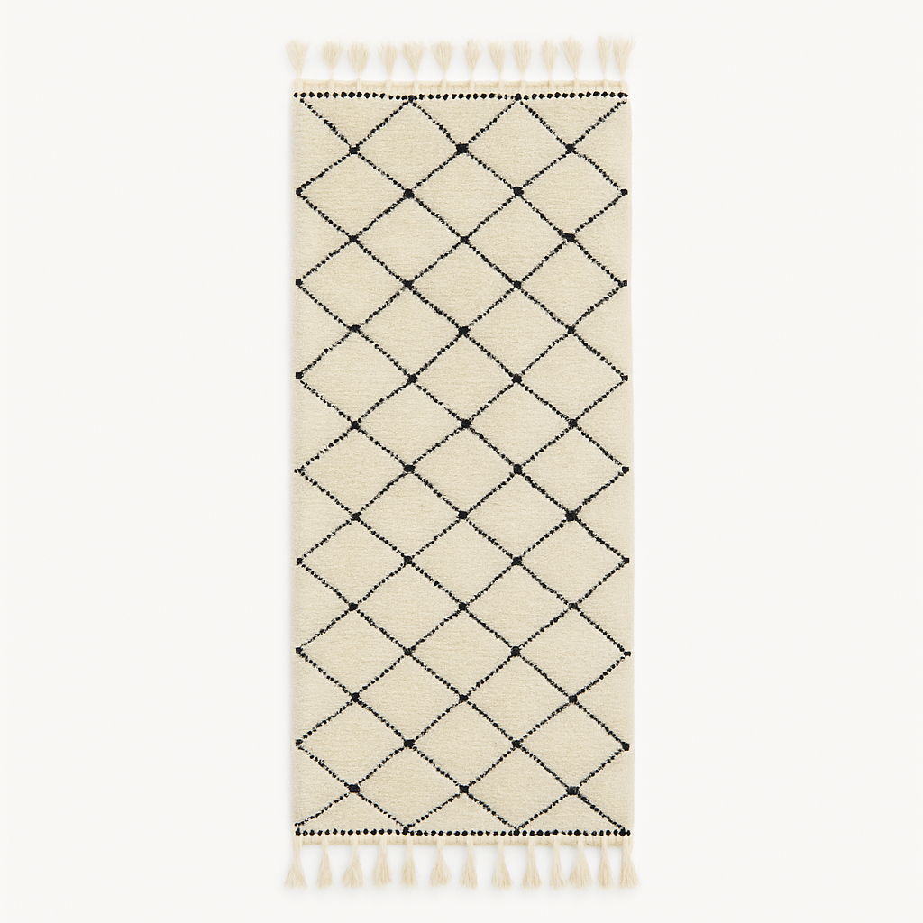 Handmade Moroccan runner rug with classic black diamond lattice design on a white wool background, crafted by Berber artisans.