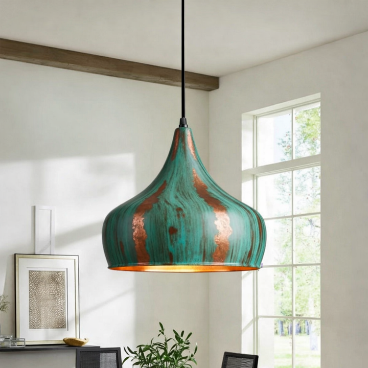 Moroccan Green Patina Copper Pendant Light – Handmade Rustic Ceiling Lamp