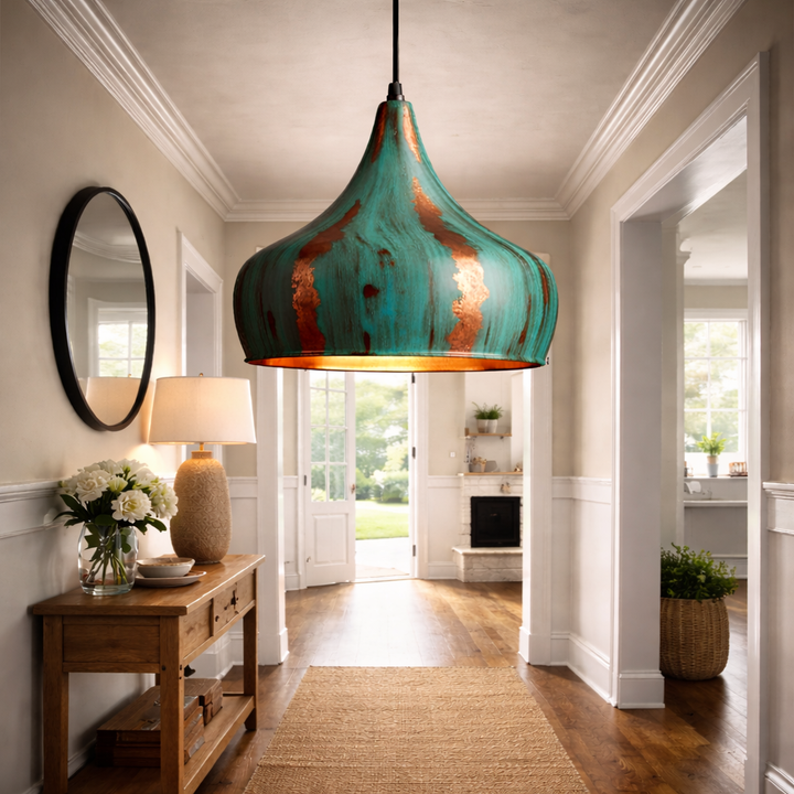 Moroccan Green Patina Copper Pendant Light – Handmade Rustic Ceiling Lamp