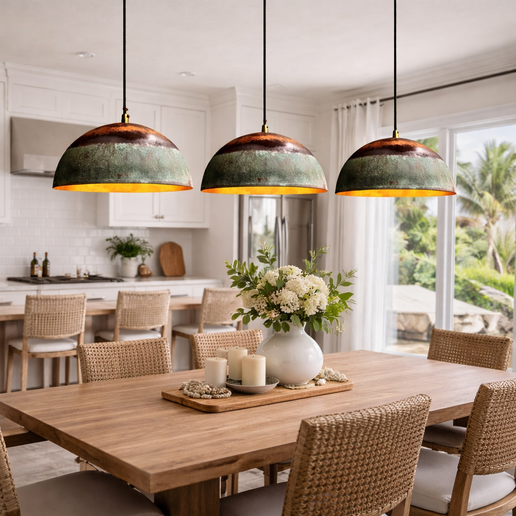 Moroccan Green Patina &amp; Copper Dome Pendant Light