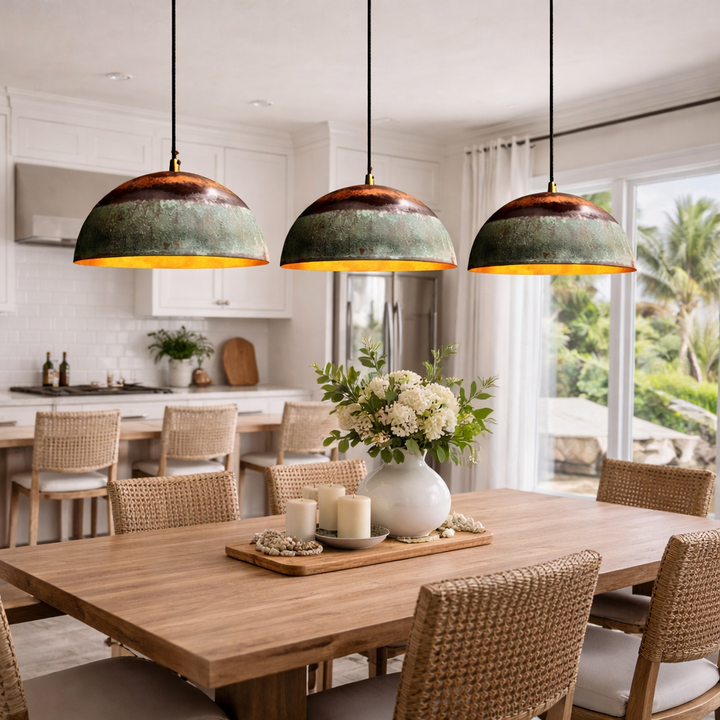 Moroccan Green Patina &amp; Copper Dome Pendant Light