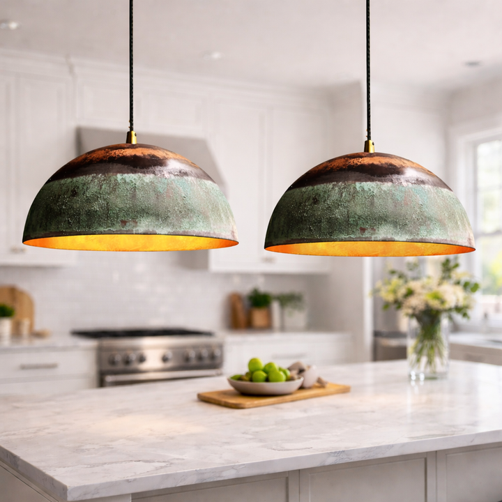 Moroccan Green Patina &amp; Copper Dome Pendant Light