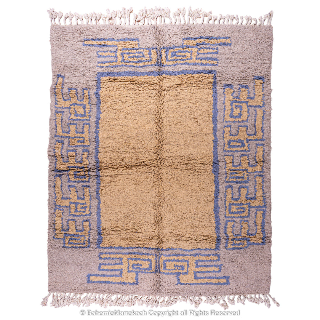Modern handmade Moroccan wool rug in brown with Berber-style abstract border design