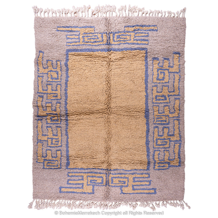 Modern handmade Moroccan wool rug in brown with Berber-style abstract border design
