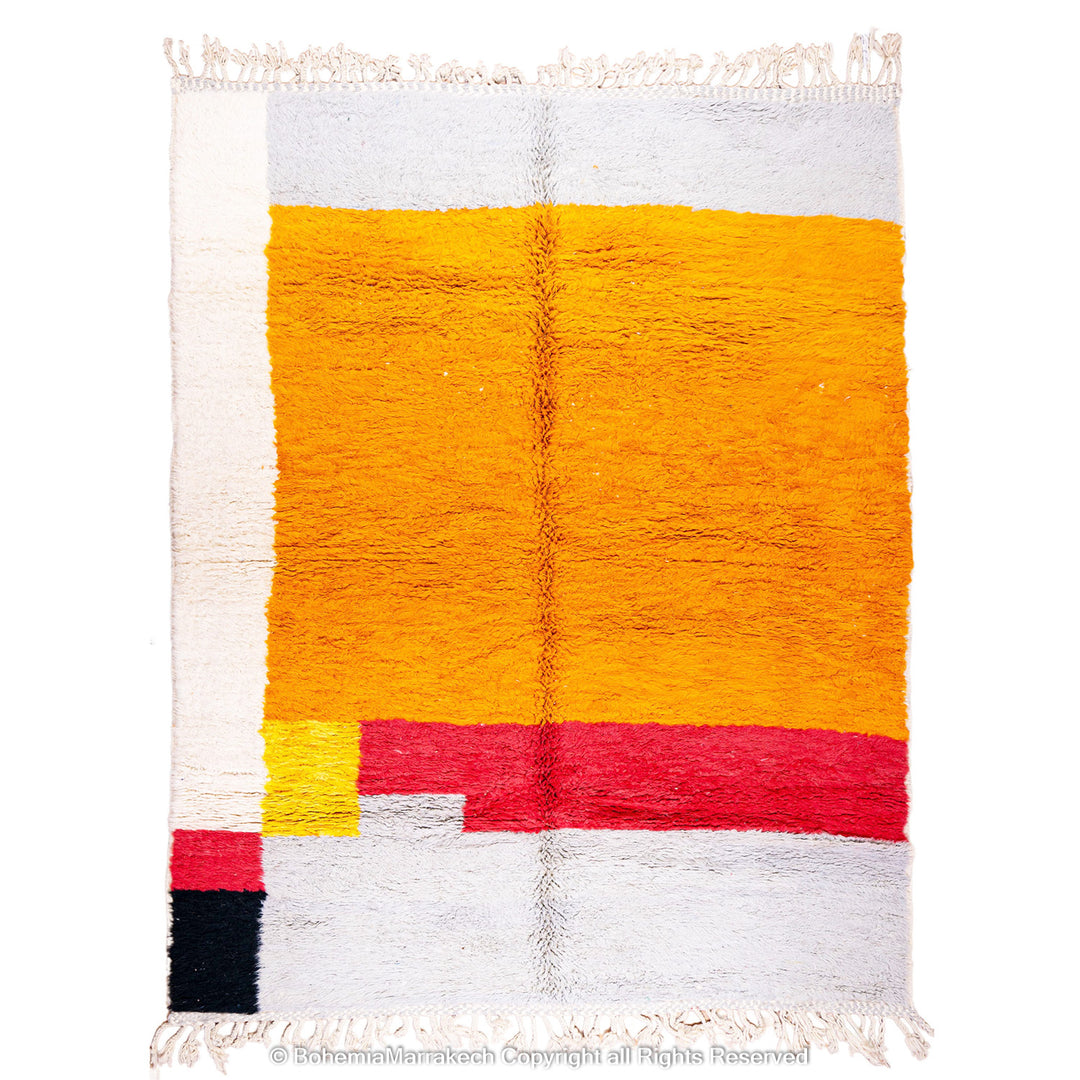 Handmade Beni Ourain Moroccan rug in sunset colors with saffron, red, ivory, and black block pattern