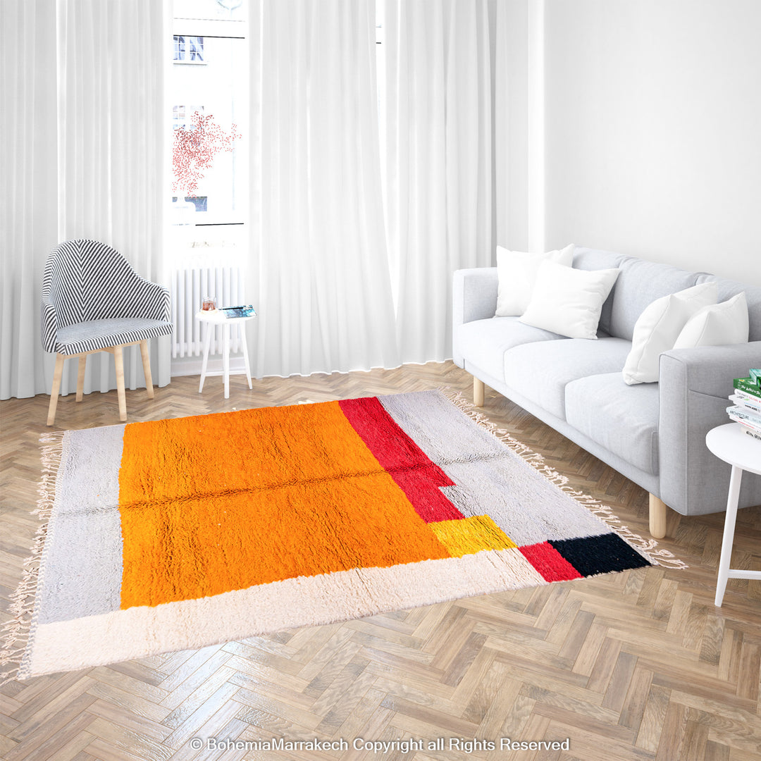 Handmade Beni Ourain Moroccan rug in sunset colors with saffron, red, ivory, and black block pattern