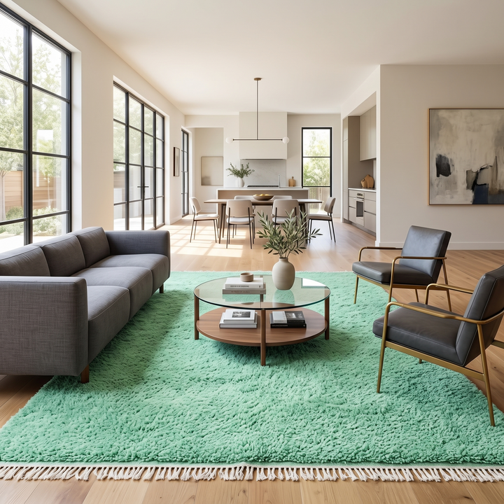 Handmade Moroccan mint green wool rug with plush texture and ivory tassel fringe