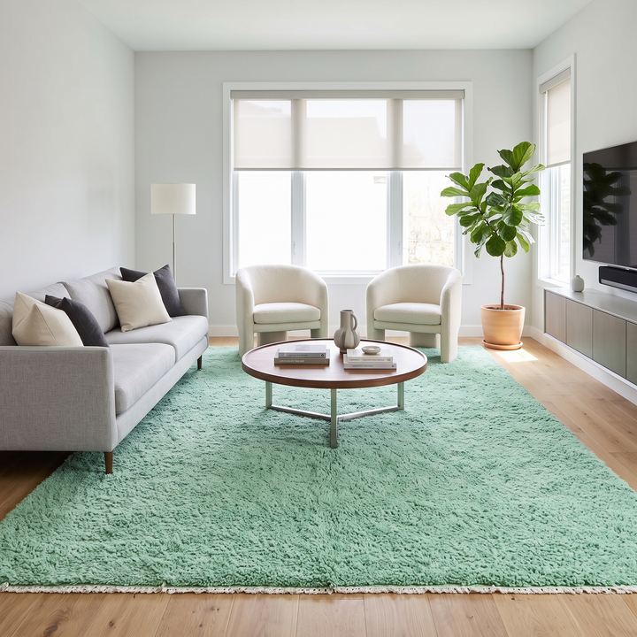 Handmade Moroccan mint green wool rug with plush texture and ivory tassel fringe