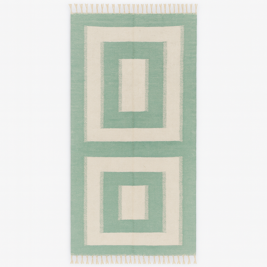 Handmade Moroccan kilim runner rug with green and white geometric block design, minimalist flatwoven hallway rug displayed with Moroccan poufs