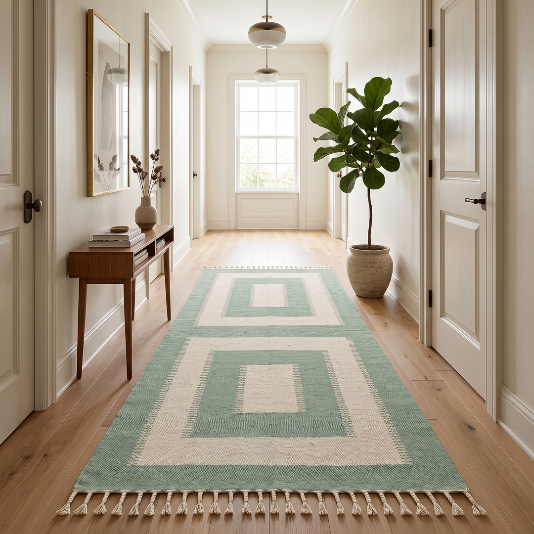 Handmade Moroccan kilim runner rug with green and white geometric block design, minimalist flatwoven hallway rug displayed with Moroccan poufs