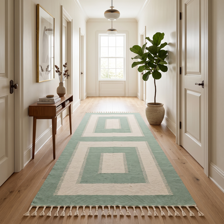 Handmade Moroccan kilim runner rug with green and white geometric block design, minimalist flatwoven hallway rug displayed with Moroccan poufs