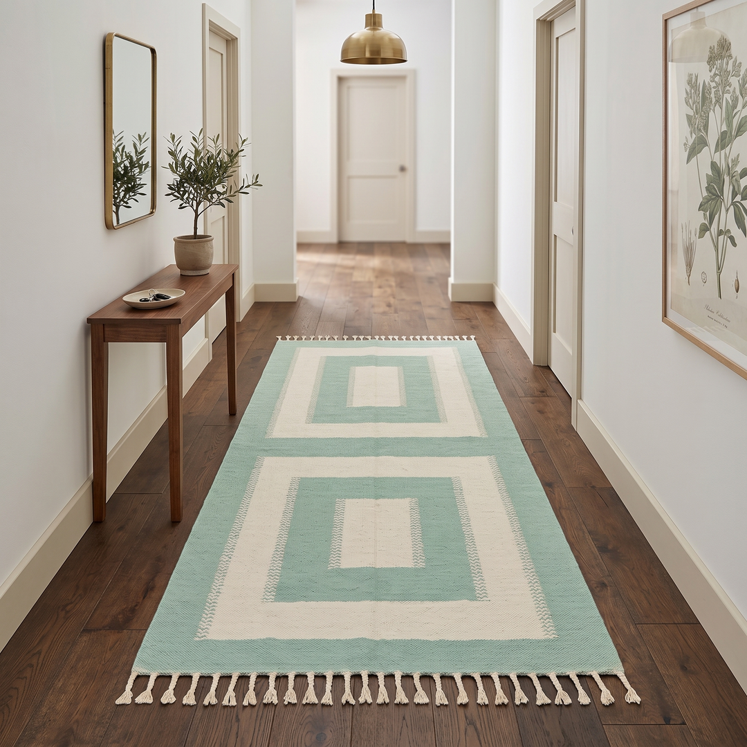 Handmade Moroccan kilim runner rug with green and white geometric block design, minimalist flatwoven hallway rug displayed with Moroccan poufs