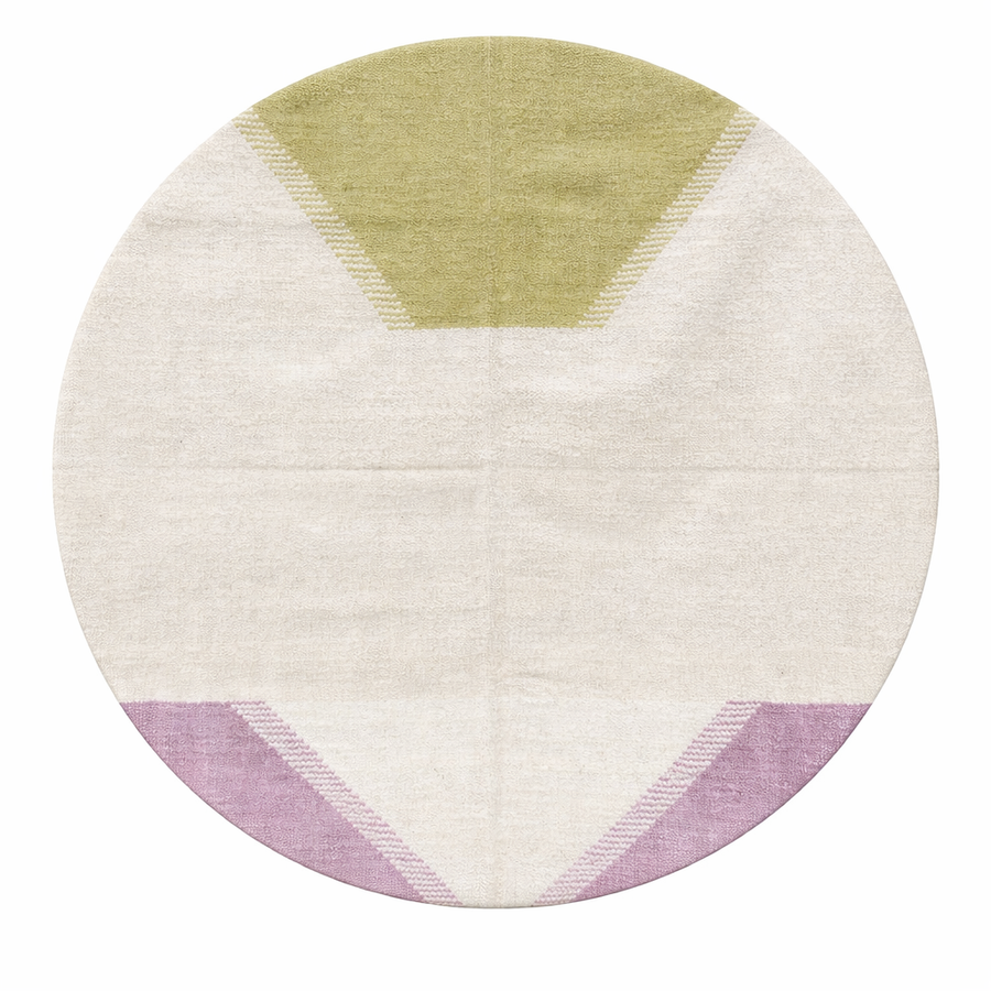Handmade Moroccan kilim flatweave wool rug with round shape and soft geometric Berber design on ivory background