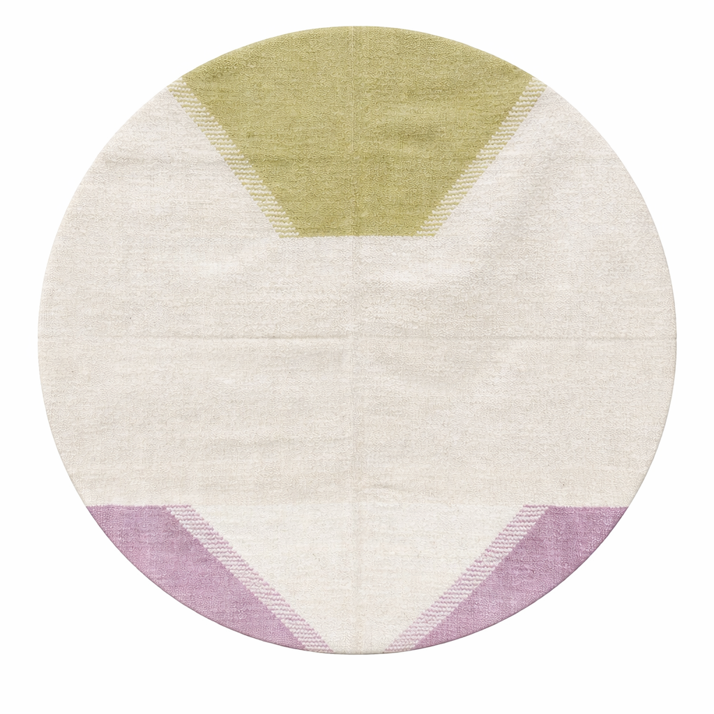 Handmade Moroccan kilim flatweave wool rug with round shape and soft geometric Berber design on ivory background