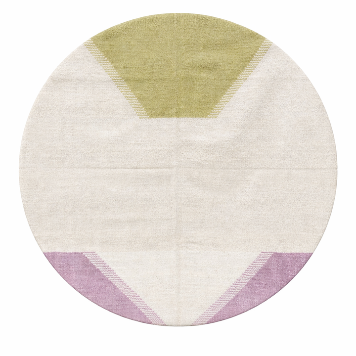 Handmade Moroccan kilim flatweave wool rug with round shape and soft geometric Berber design on ivory background