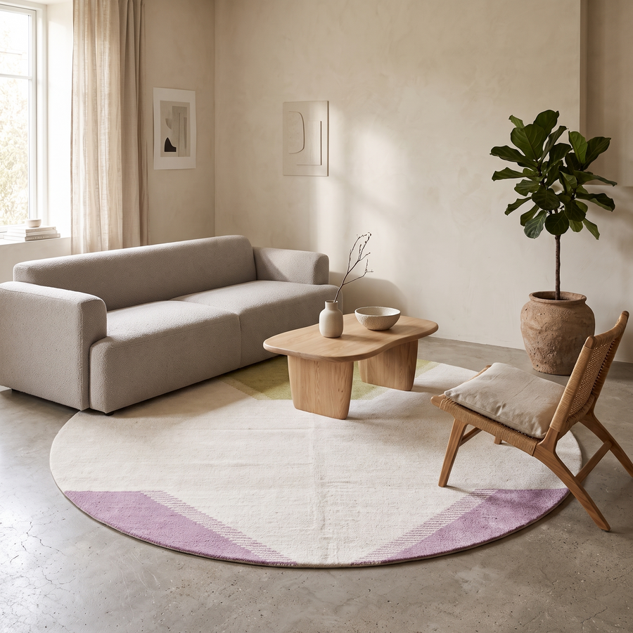 Handmade Moroccan kilim flatweave wool rug with round shape and soft geometric Berber design on ivory background