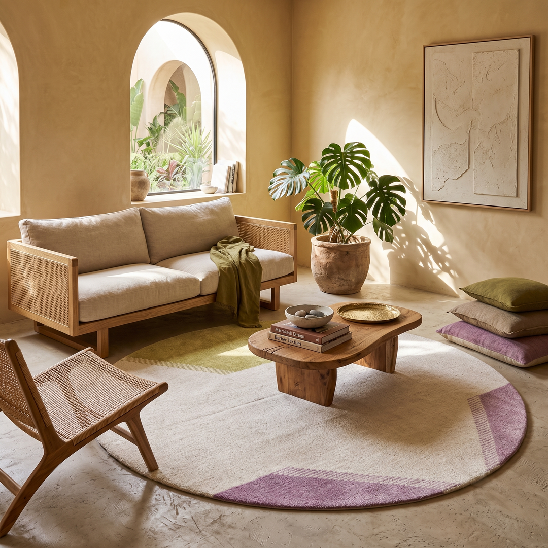 Handmade Moroccan kilim flatweave wool rug with round shape and soft geometric Berber design on ivory background