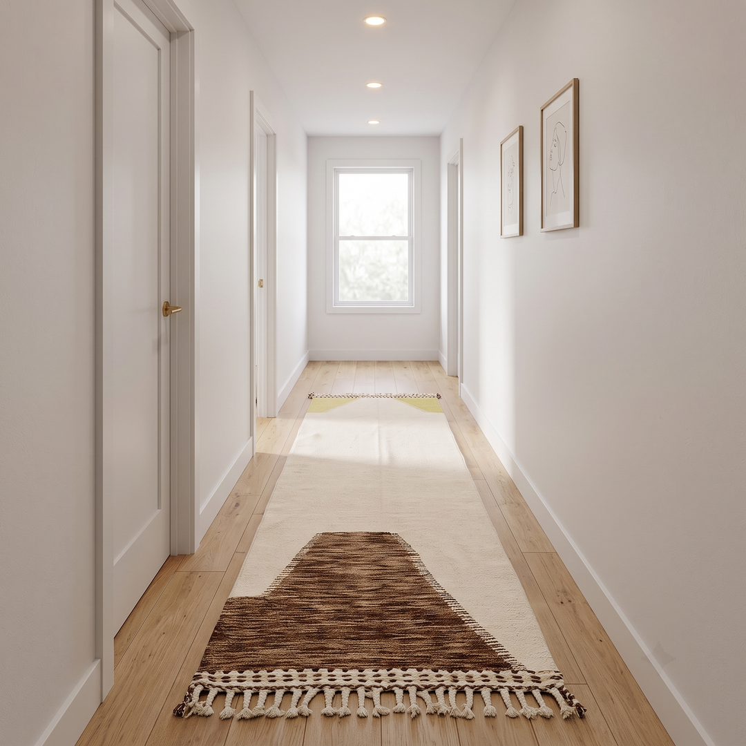 Handmade Moroccan kilim runner rug in white  wool with brown geometric top and olive green accents, flatwoven Berber hallway carpet