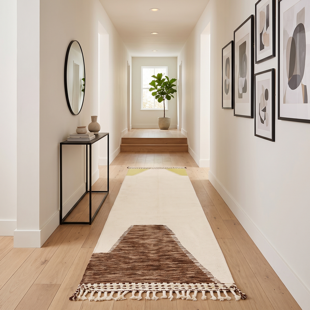 Handmade Moroccan kilim runner rug in white  wool with brown geometric top and olive green accents, flatwoven Berber hallway carpet
