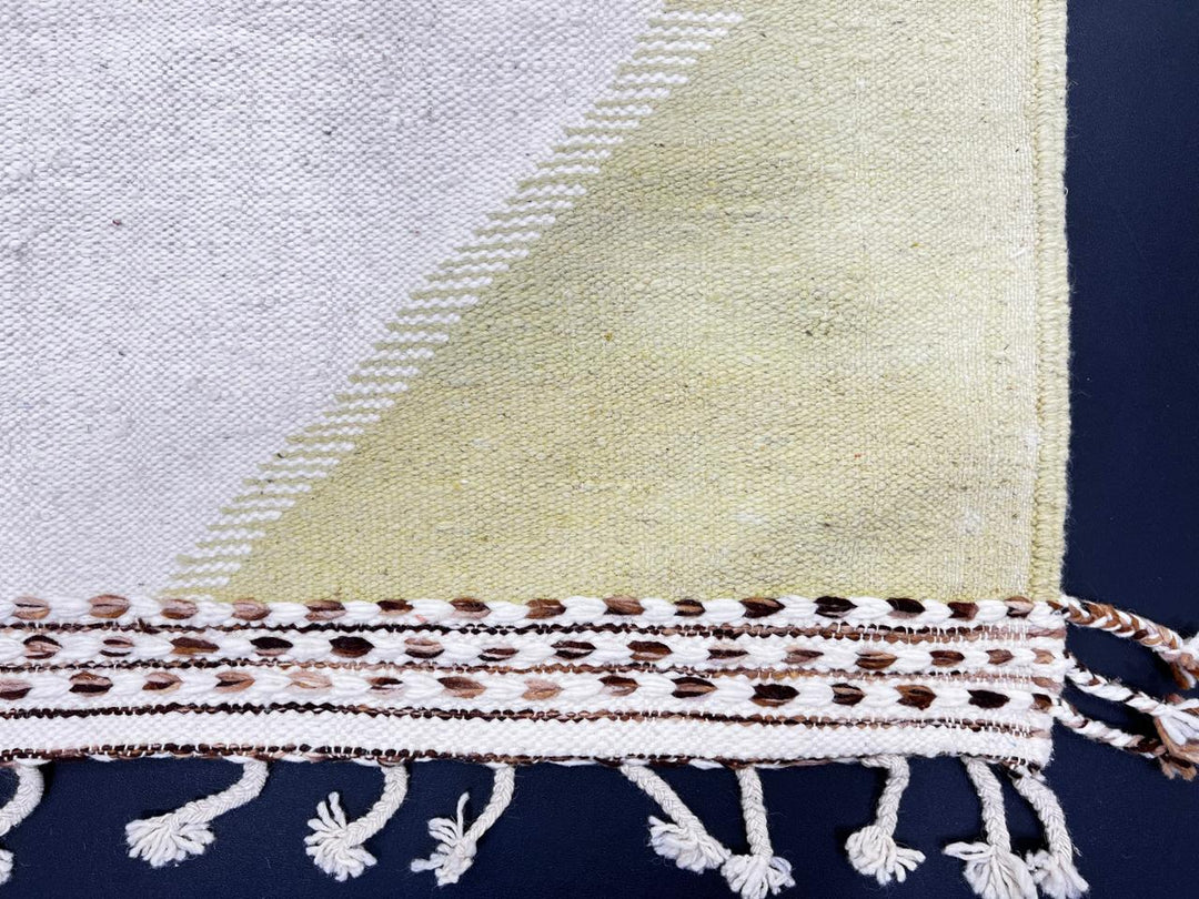 Handmade Moroccan kilim runner rug in white  wool with brown geometric top and olive green accents, flatwoven Berber hallway carpet