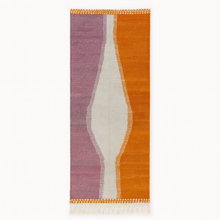 Handwoven Moroccan kilim runner rug with modern orange, purple, and cream abstract geometric pattern in flatweave wool.