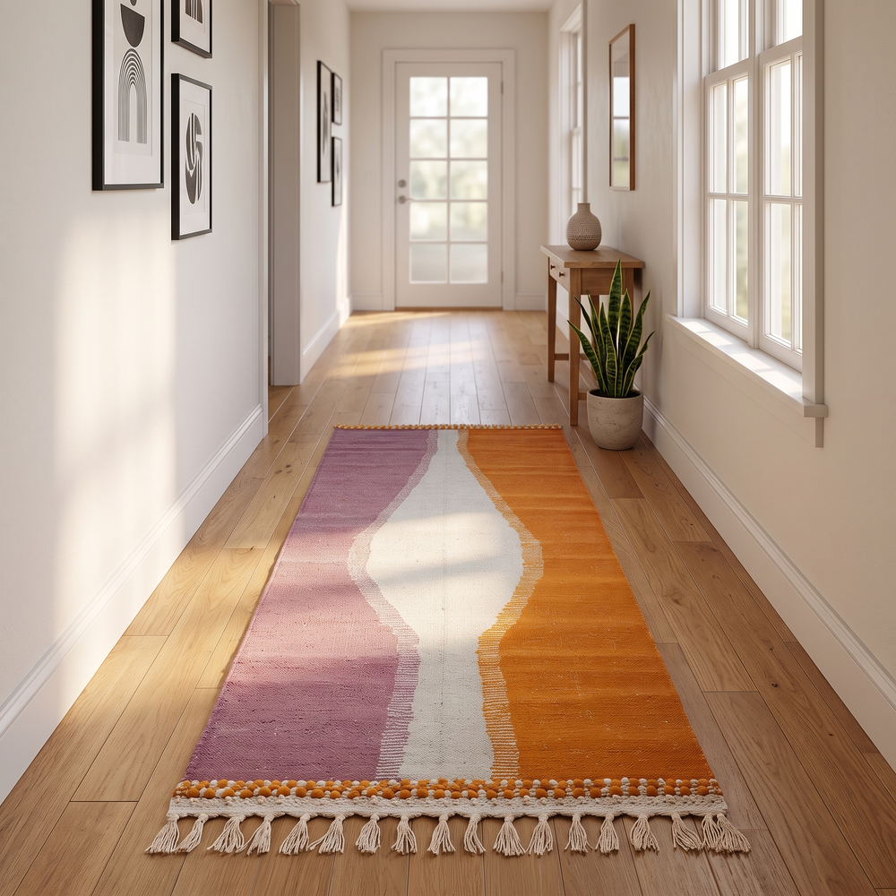 Handwoven Moroccan kilim runner rug with modern orange, purple, and cream abstract geometric pattern in flatweave wool.