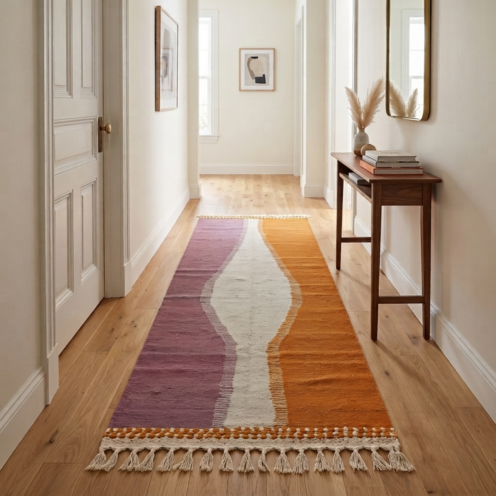 Handwoven Moroccan kilim runner rug with modern orange, purple, and cream abstract geometric pattern in flatweave wool.
