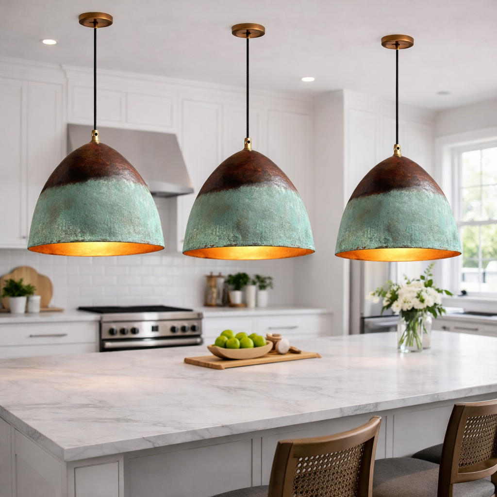 Moroccan Patina Pendant Light – Handmade Copper &amp; Turquoise Kitchen Island Hanging Lamp