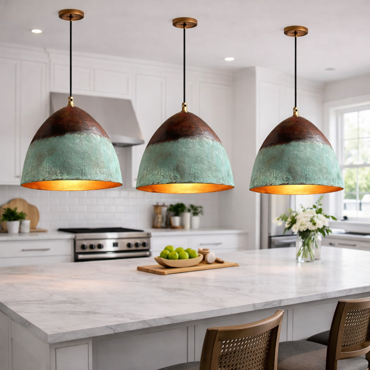 Moroccan Patina Pendant Light – Handmade Copper &amp; Turquoise Kitchen Island Hanging Lamp