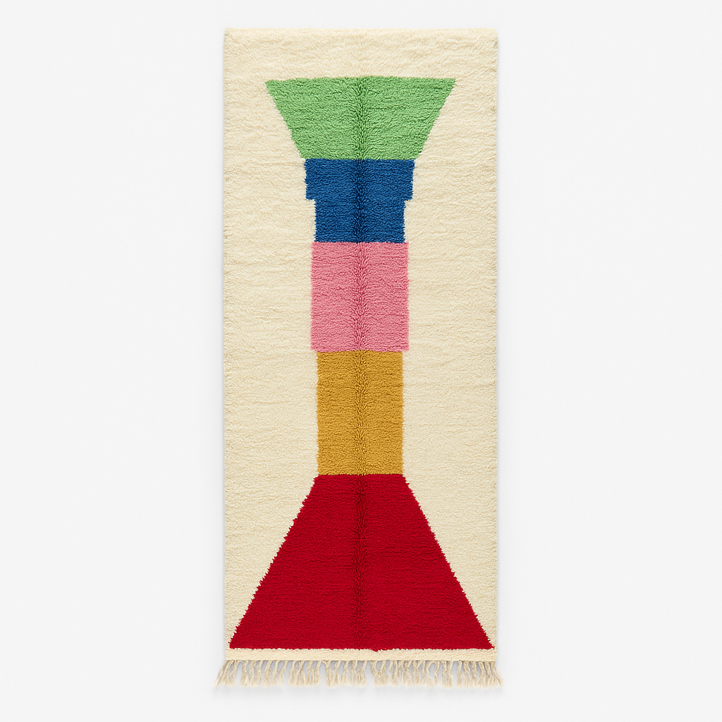 Handmade Moroccan runner rug with colorful geometric design in red, blue, pink, green and mustard on white wool background